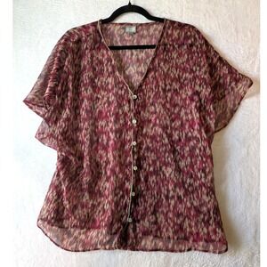 Converse One Star Blouse Womens Medium Burgundy Sheer Ikat Boho Button Down